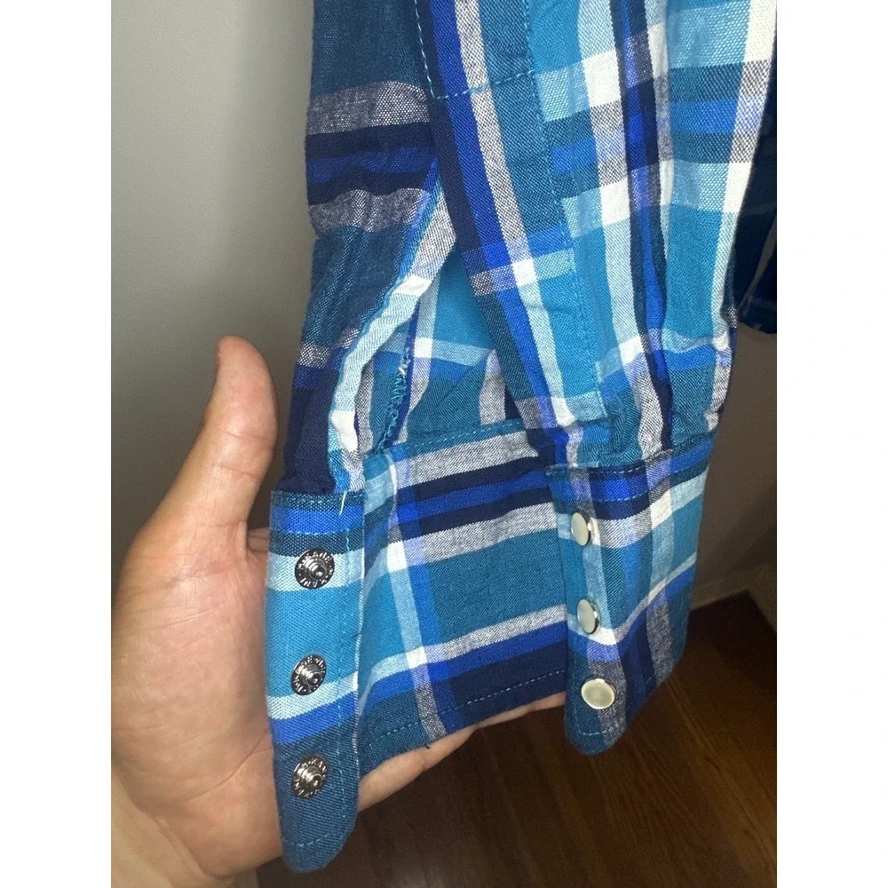 Vintage 90's Wrangler Western Shirt Blue Plaid‎ Pearl Snap Button Down XL